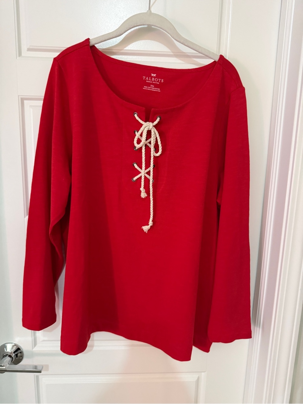 Talbots Woman Petite Red Lace-Up Long Sleeve Top | Size 2XP